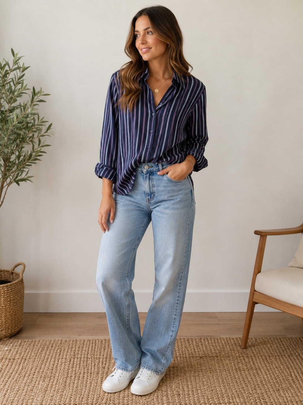 Eddie Bauer Navy and White Striped Button-Down Shirt